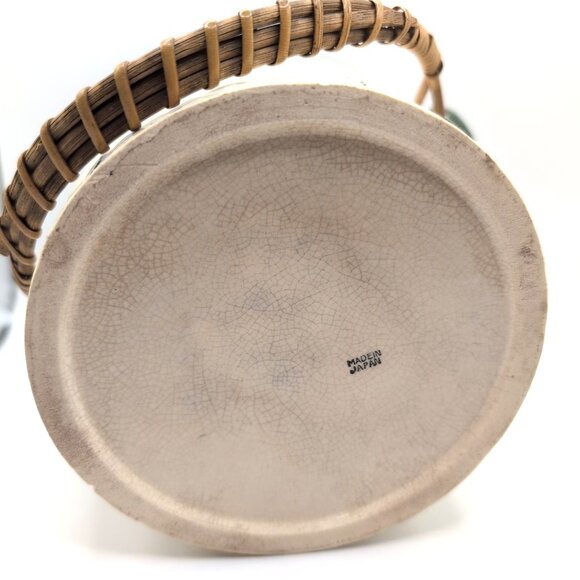 Vintage Ceramic Japanese Biscuit Barrel w/ Wicker Handle Shamrock Weave Pattern - Picture 6 of 12